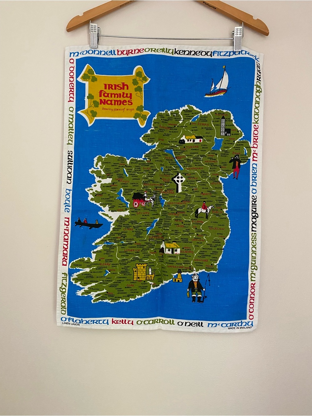 Linen Union made in Ireland Irish family name tea towel wall hanging